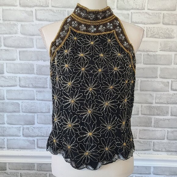 Vintage Mark & John By Gopal Silk Black Beaded Halter Top Blouse Elegant Party L - Picture 1 of 13